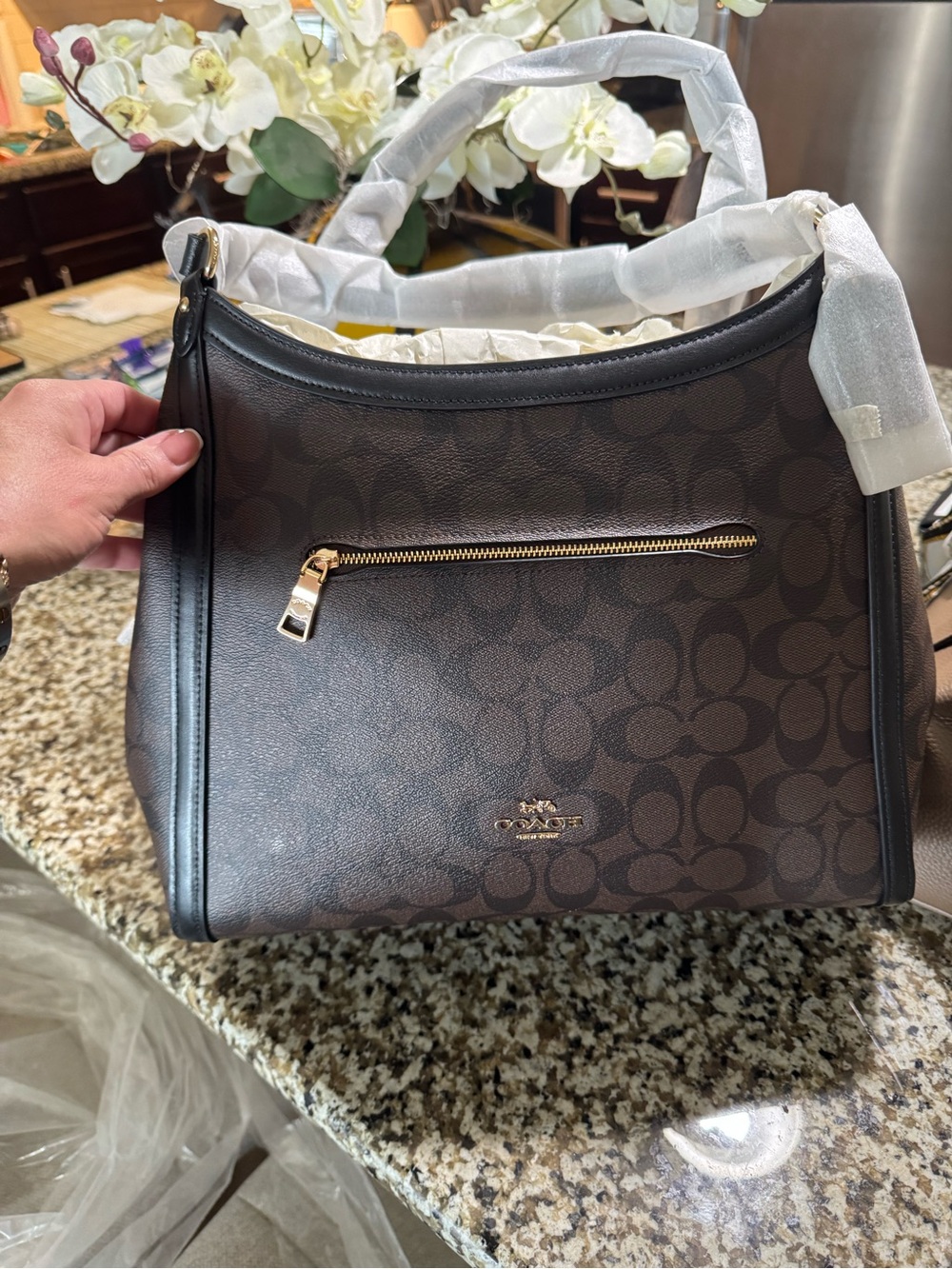 Coach Brown Signature Canvas Shoulder Bag with Black Trim - Picture 3 of 5